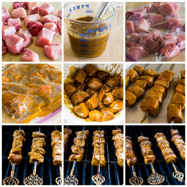 Chile Mustard Pork Kabobs process shots collage