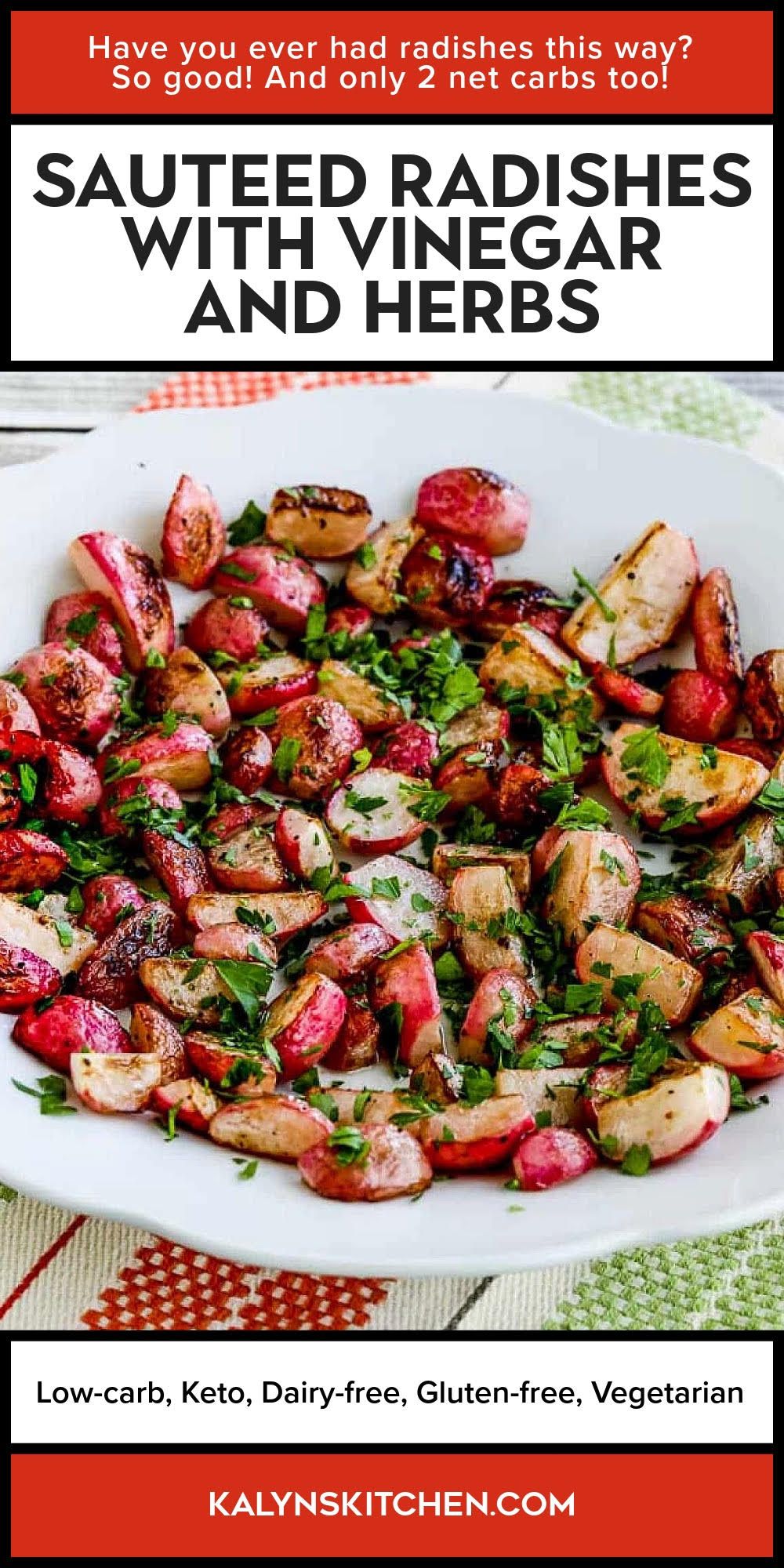 Sauteed Radishes with Vinegar and Herbs shown on serving dish.