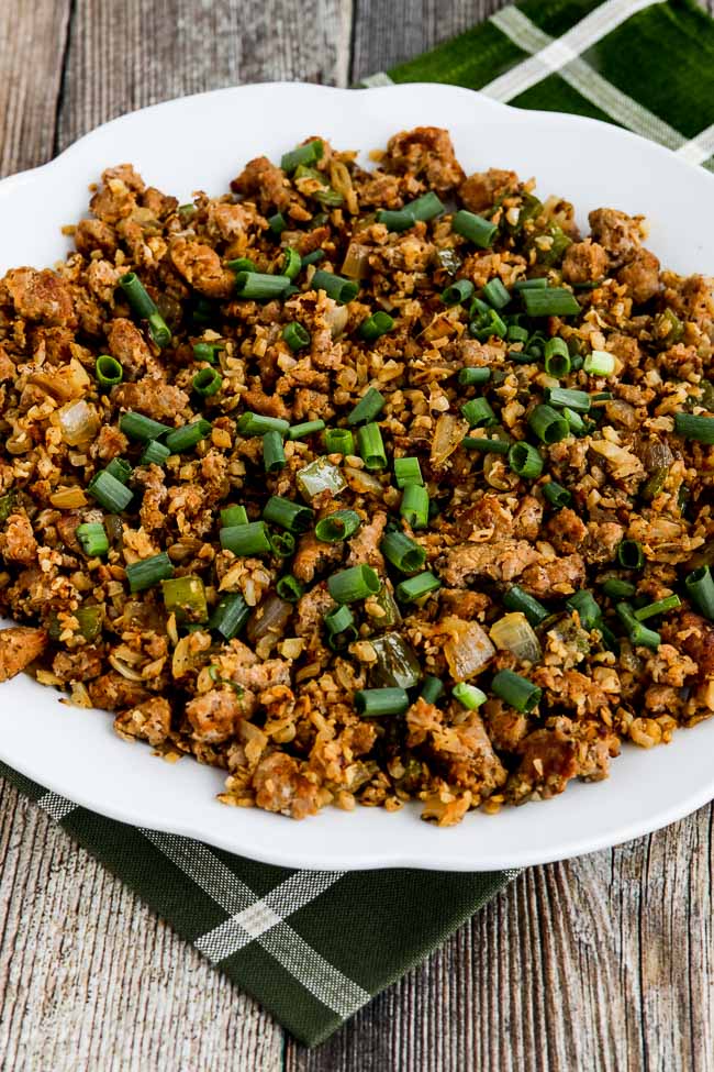 Low-Carb Spicy Cauliflower Dirty Rice finished dish on serving plate