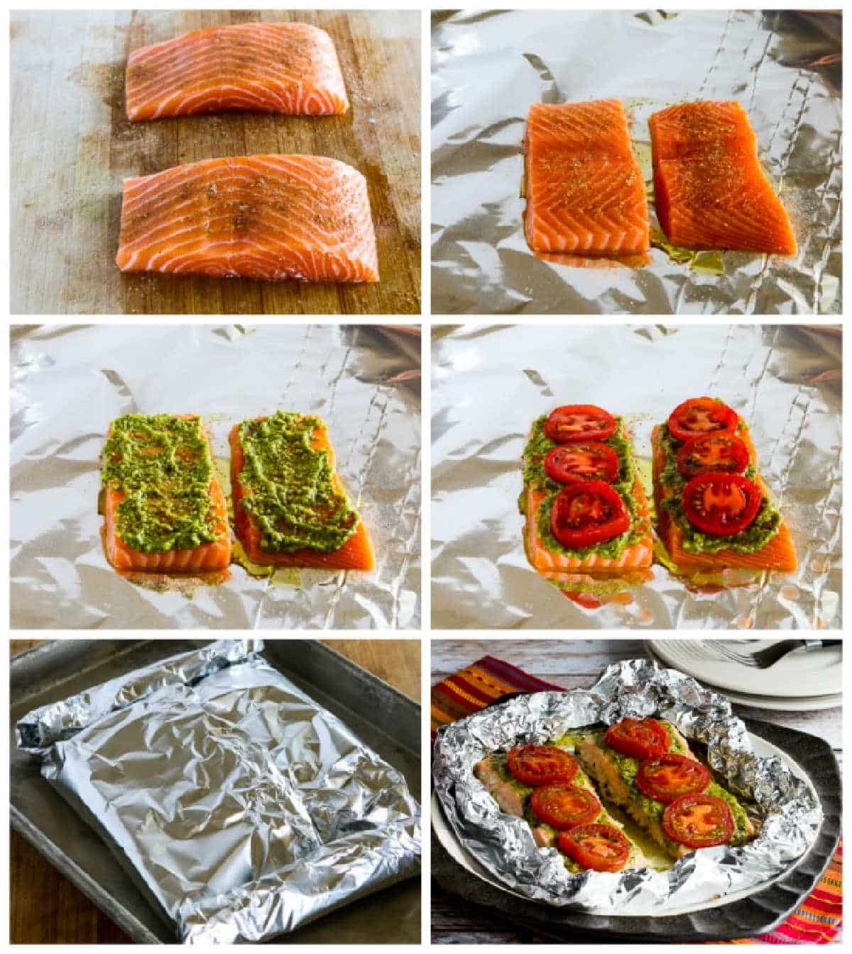 Baked Salmon with Pesto and Tomatoes process shots collage
