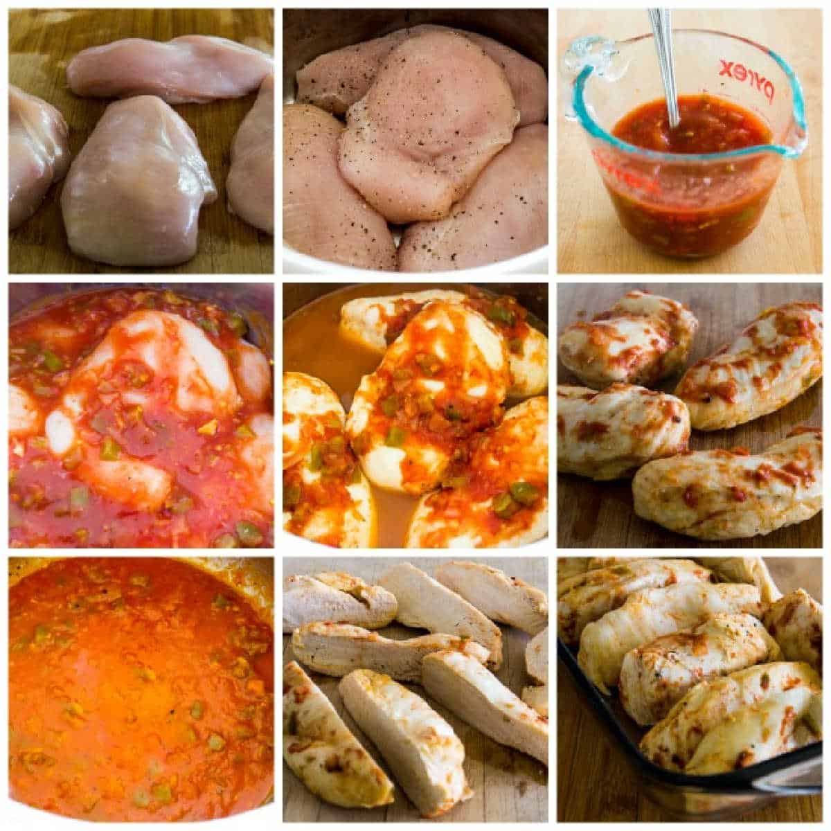 recipe steps collage for the Instant Pot cooking of Instant Pot Salsa Chicken