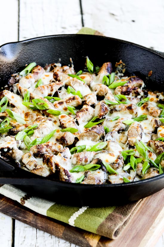 Cheesy Low-Carb No-Egg Sausage Mushroom Breakfast finished dish in skillet