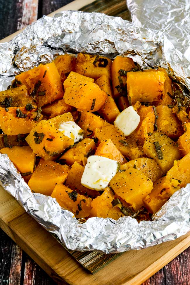 Grilled (or baked) butternut squash wrapped in foil with sage found at KalynsKitchen.com