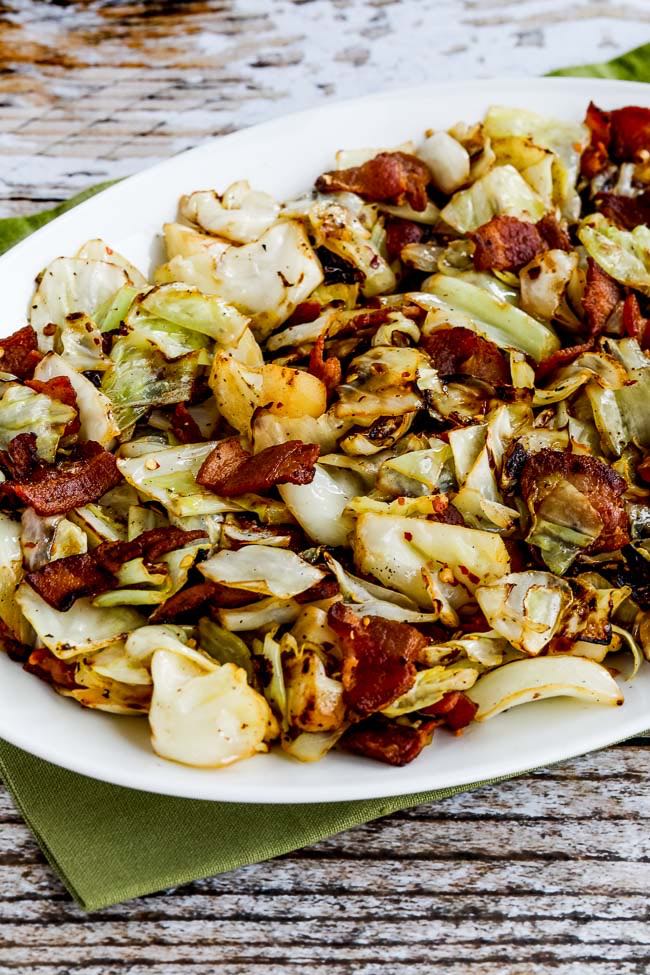 Low-Carb Fried Cabbage with Bacon finished dish on serving plate