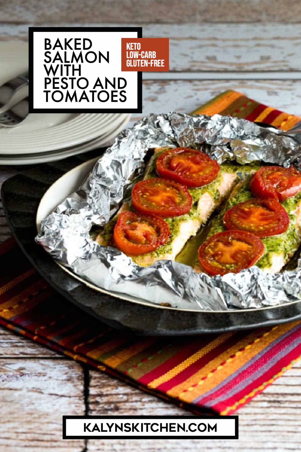 Pinterest image of Baked Salmon with Pesto and Tomatoes