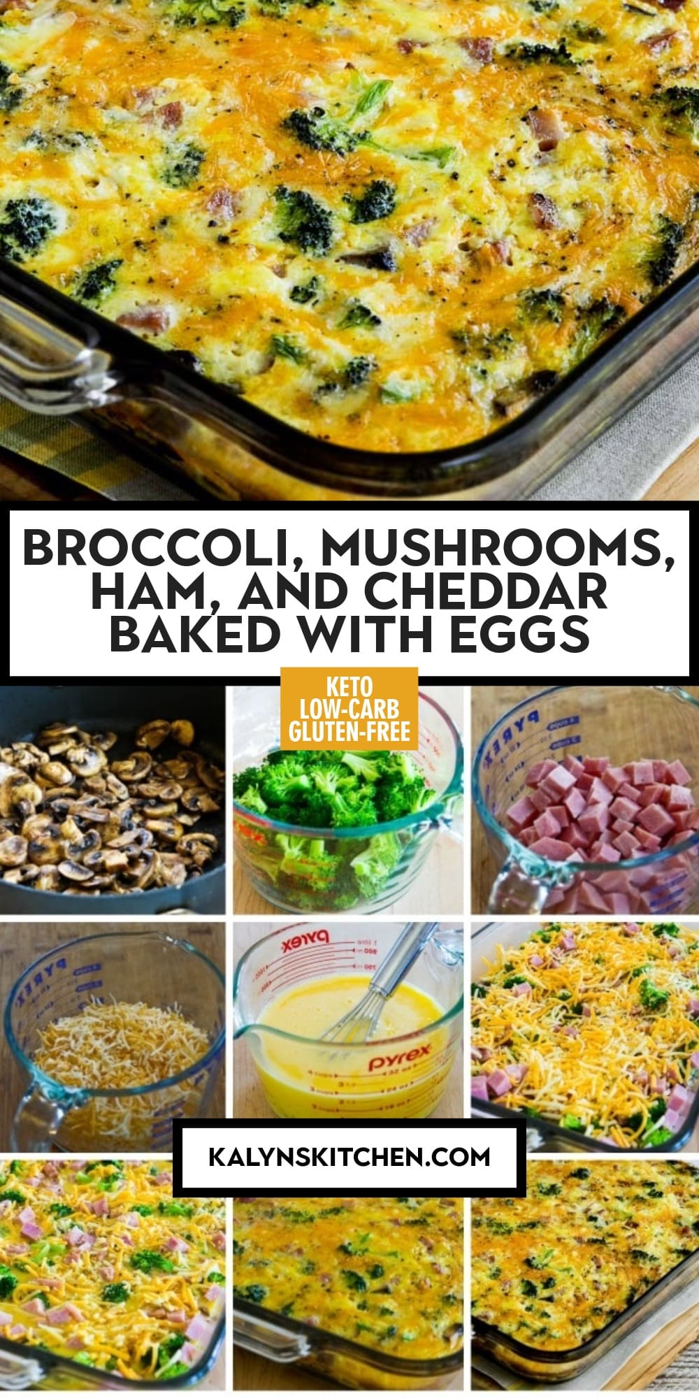 Pinterest image of Broccoli, Mushrooms, Ham, and Cheddar Baked with Eggs