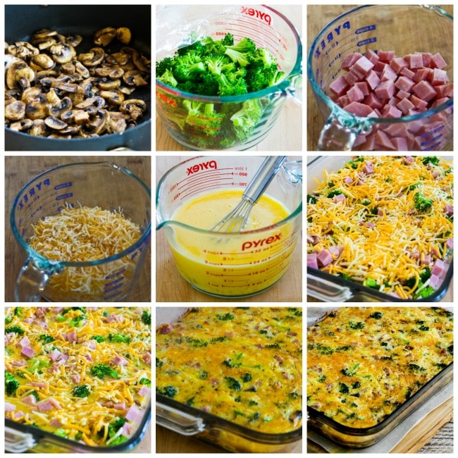 Broccoli, Mushrooms, Ham, and Cheddar Baked with Eggs process shots collages