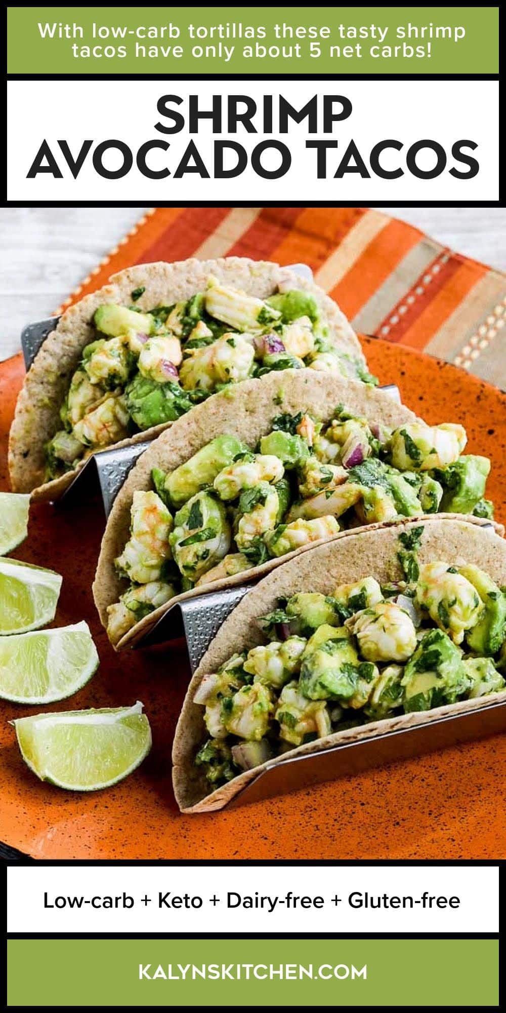 Pinterest image for Shrimp Avocado Tacos shown in plate in taco holder.