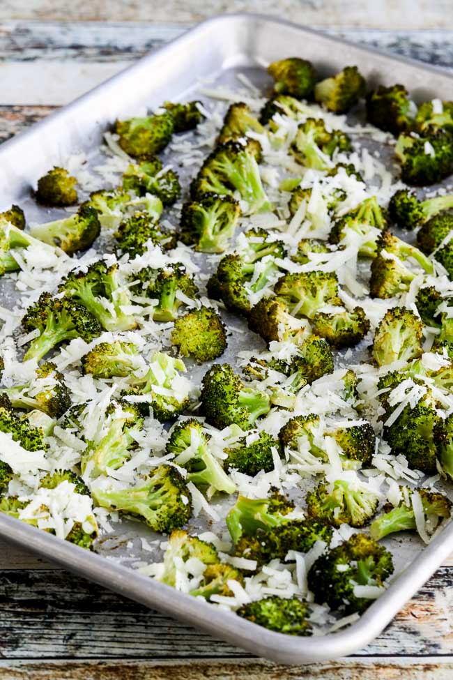 Roasted Broccoli with Lemon and Pecorino-Romano Cheese on baking sheet