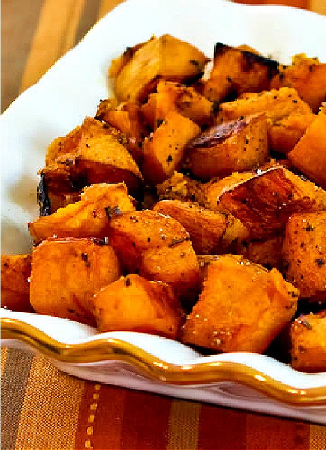 Balsamic Roasted Butternut Squash shown in serving dish.