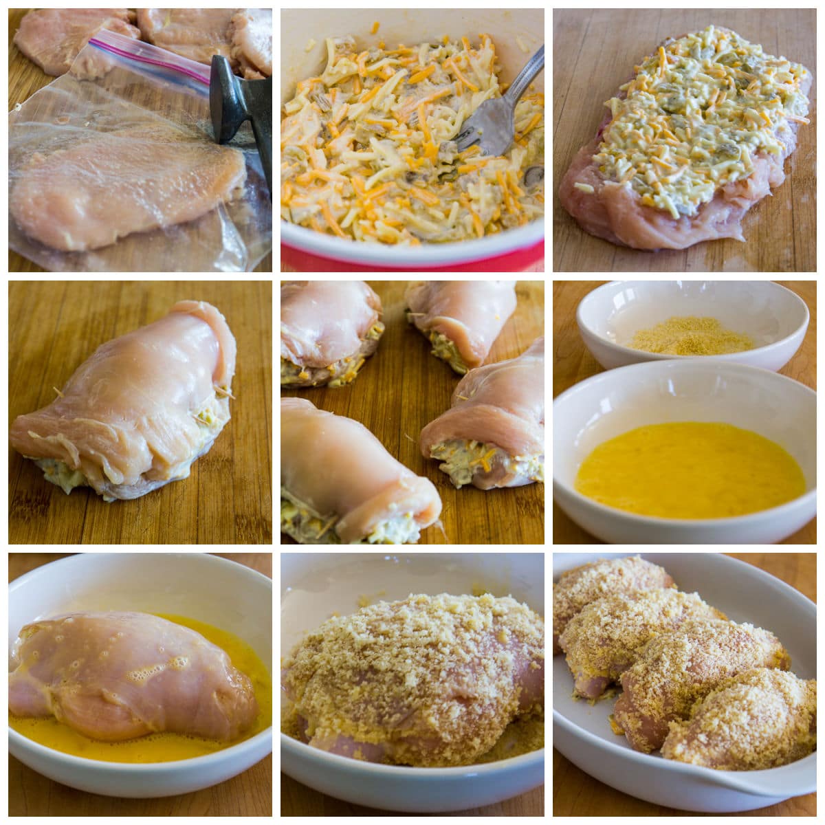 Collage of recipe steps photos for Baked Stuffed Chicken Breast with Green Chiles and Cheese.