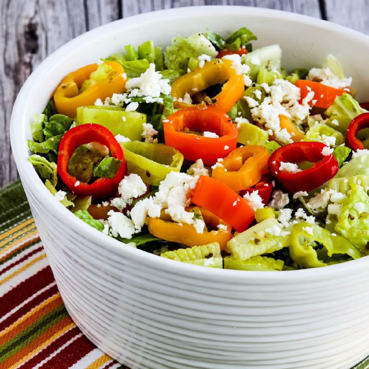 Square image for Peperoncini Salad with Romaine, Peppers, and Feta.