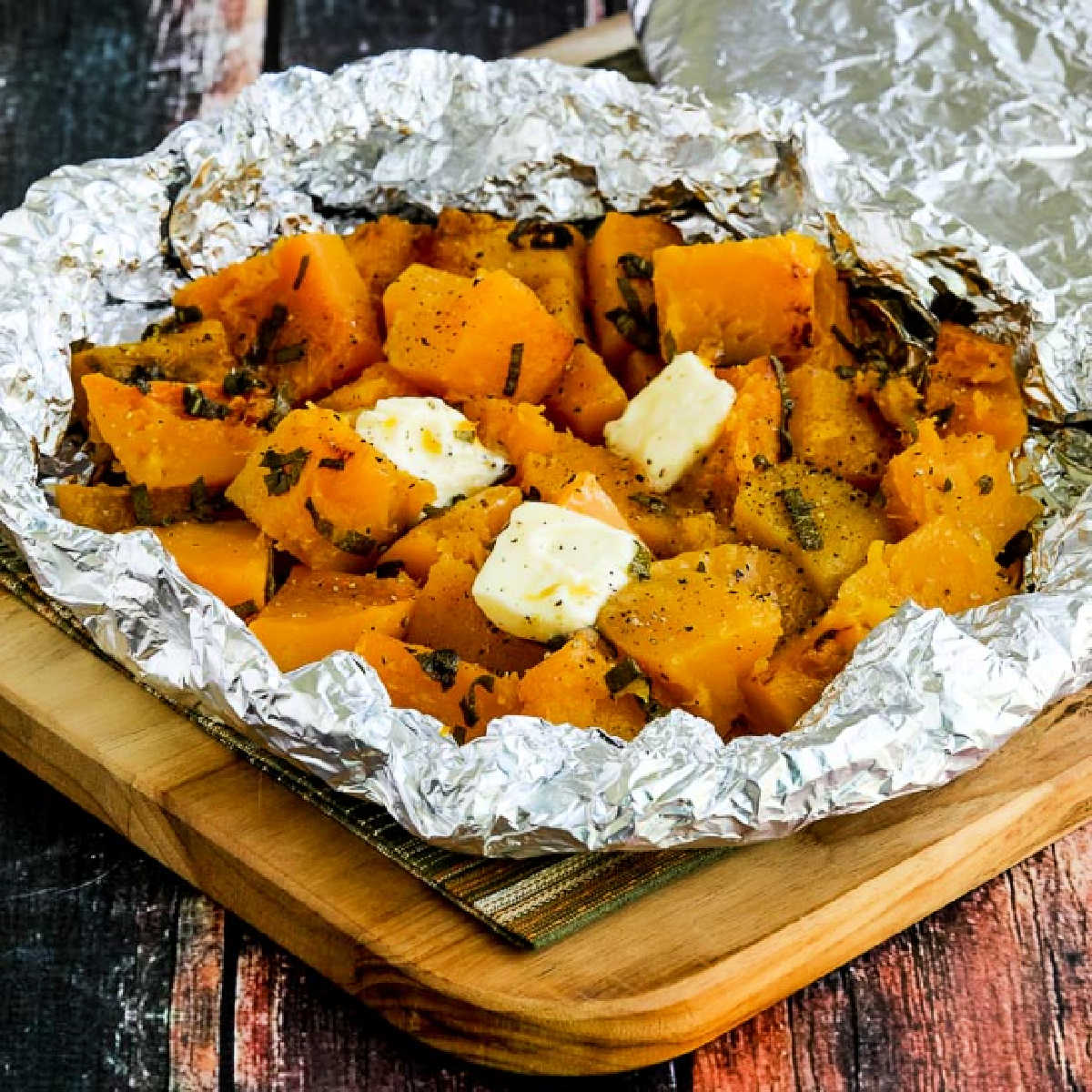 Butternut Squash with Sage, cooked in foil on the grill or in the oven.