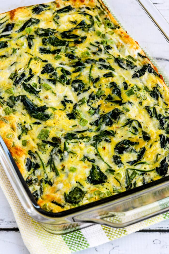 Spinach and Mozzarella Egg Bake photo of finished egg bake in casserole dish