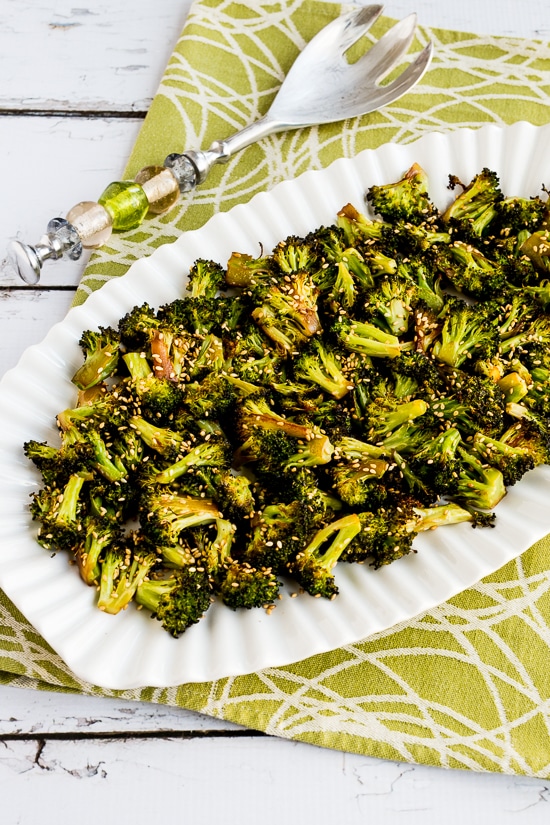 Quick Roasted Broccoli with Soy Sauce and Sesame Seeds on serving plate