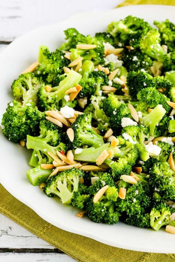 Broccoli Salad with Feta and Almonds finished dish on plate