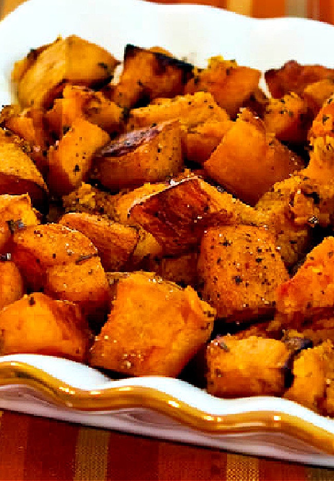 Balsamic Butternut Squash in serving dish, close up.