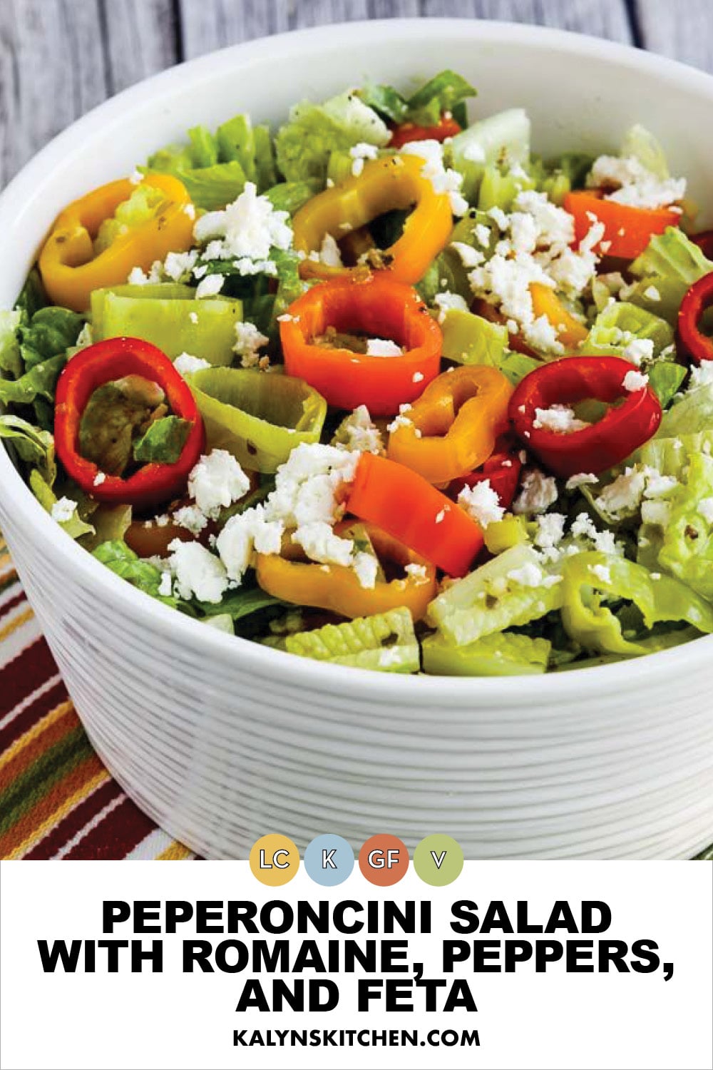 Pinterest image of Peperoncini Salad with Romaine, Peppers, and Feta