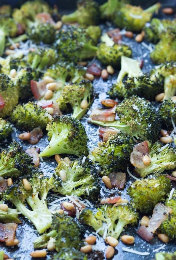 Roasted Broccoli with Bacon, Pine Nuts, and Parmesan from Little Broken