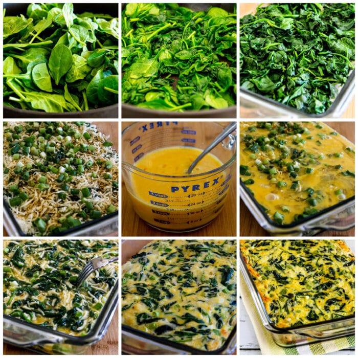 Spinach and egg mozzarella collage baking process shots