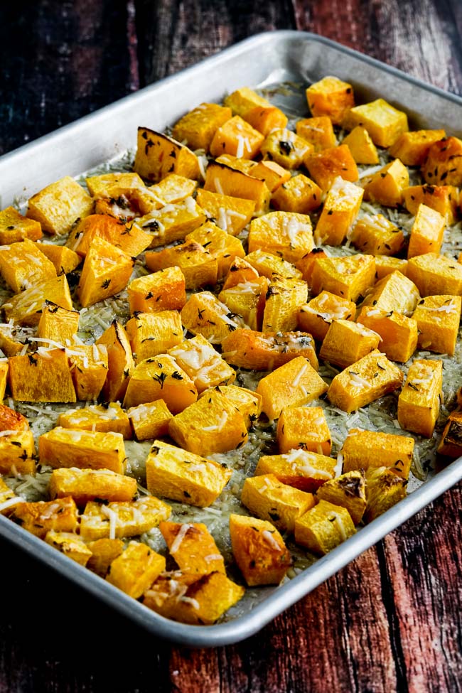 Roasted Butternut Squash with Lemon, Thyme, and Parmesan shown on baking sheet