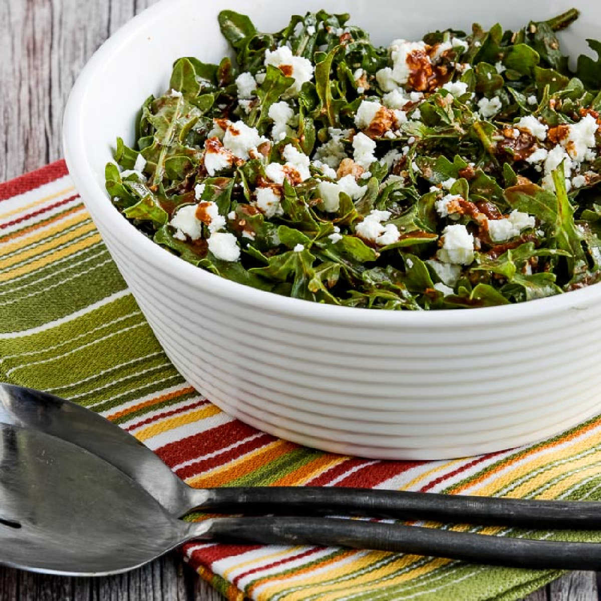 square image of Arugula Salad with Feta in serving bowl