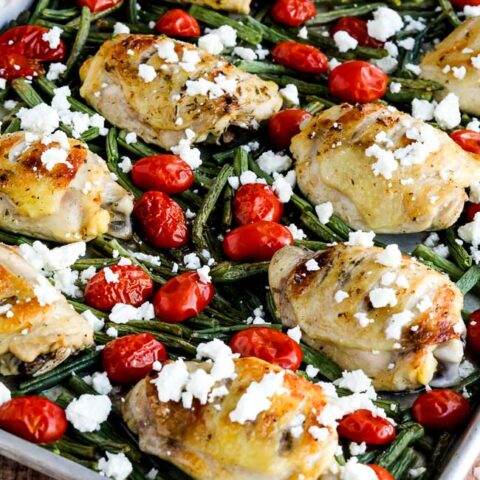 Greek Chicken, Green Beans, and Tomatoes Sheet Pan Meal found on KalynsKitchen.com