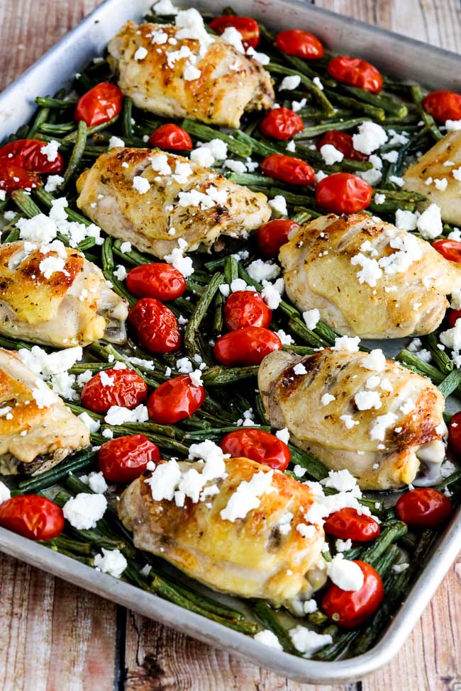 Greek Chicken, Green Beans, and Tomatoes Sheet Pan Meal found on KalynsKitchen.com