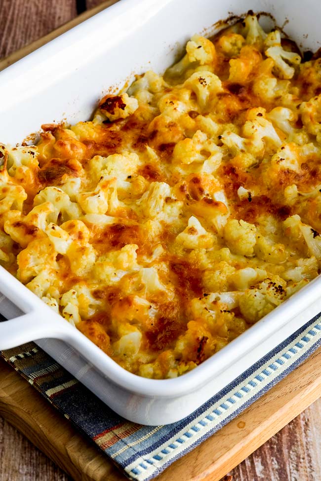 Easy Cheesy Baked Keto Cauliflower found on KalynsKitchen.com