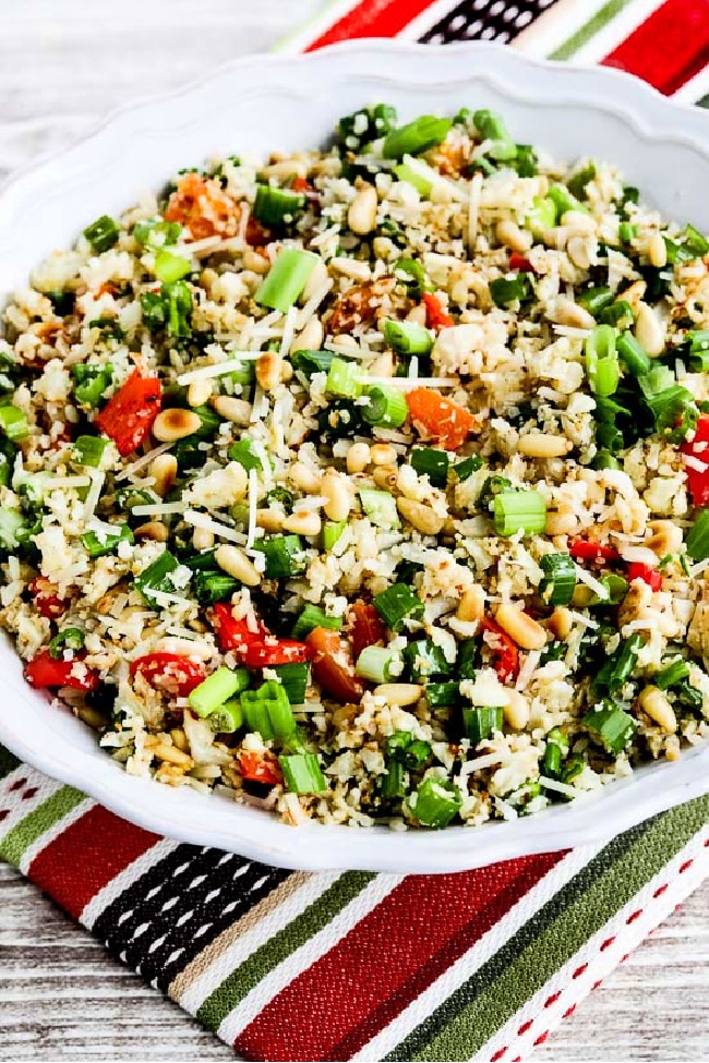 Roasted Cauliflower Rice Medley with Pine Nuts finished dish on serving plate