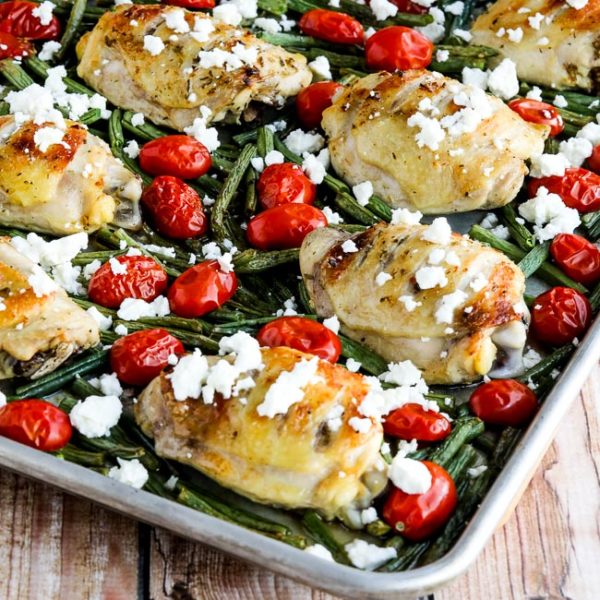Greek Chicken, Green Beans, and Tomatoes Sheet Pan Meal found on KalynsKitchen.com