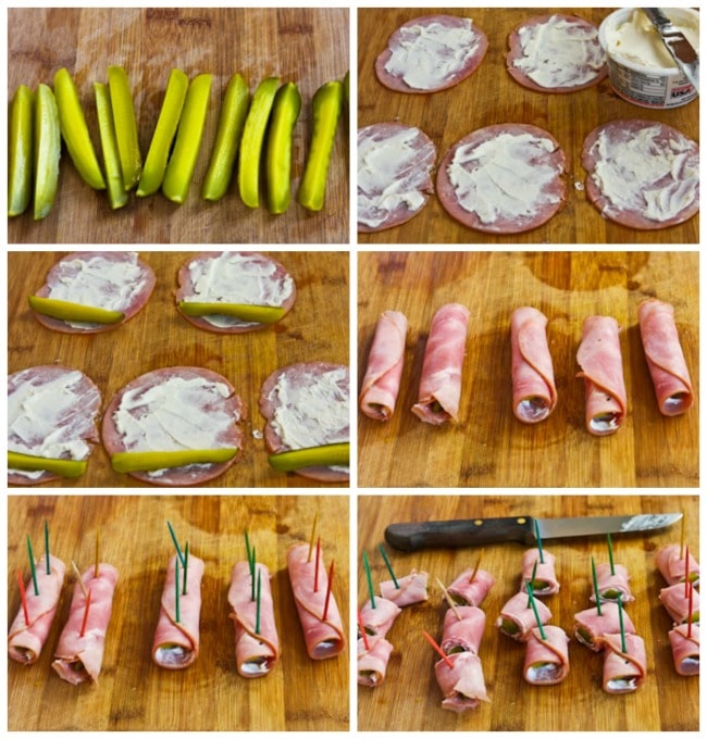 Easy Low-Carb Ham and Dill Pickle Appetizer Bites process shots collage