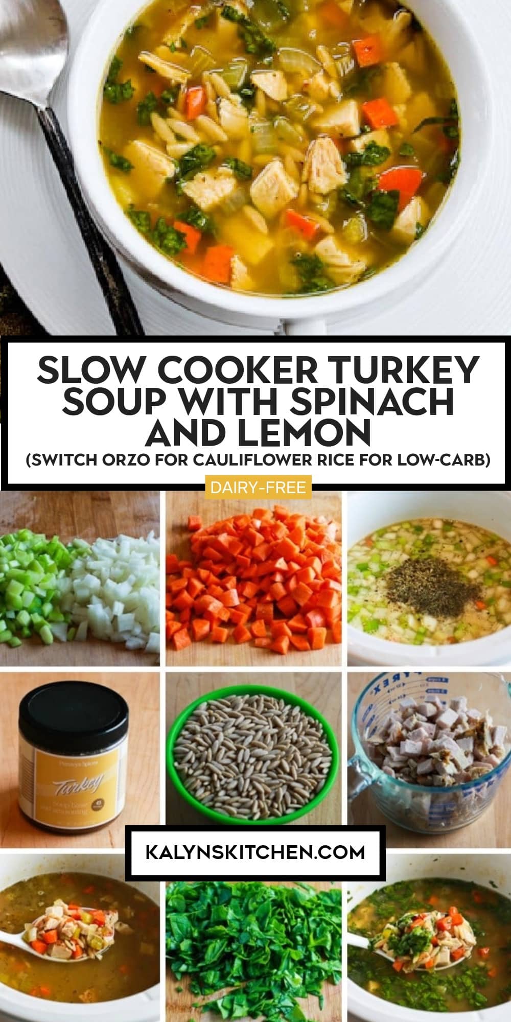 Pinterest image of Slow Cooker Turkey Soup with Spinach and Lemon