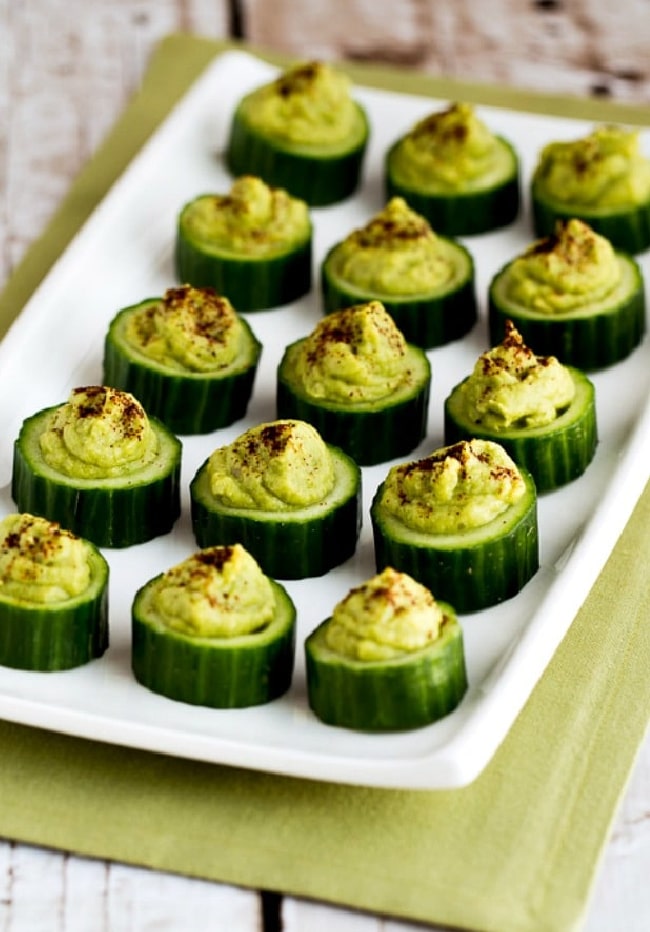 Cucumber Guacamole Appetizer Bites finished appetizers on serving plate