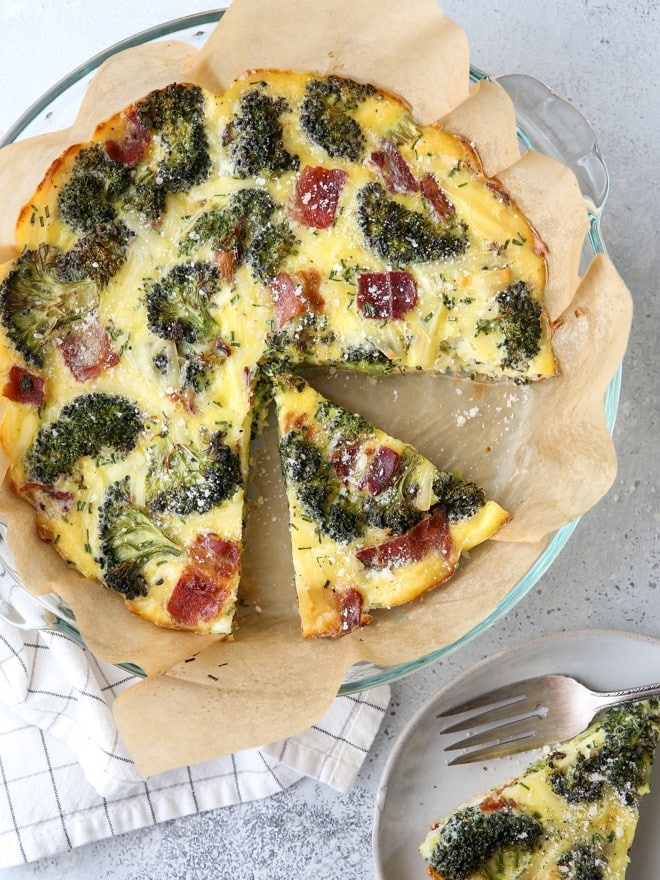 Roasted Broccoli and Bacon Crustless Quiche from Completely Delicious