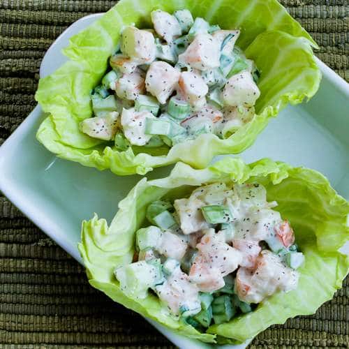 Shrimp Salad Cabbage Cups square image of finished cabbage cups in serving dish.