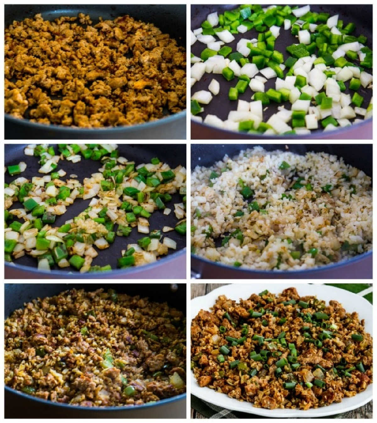 recipe steps collage for Low-Carb Spicy Cauliflower Dirty Rice