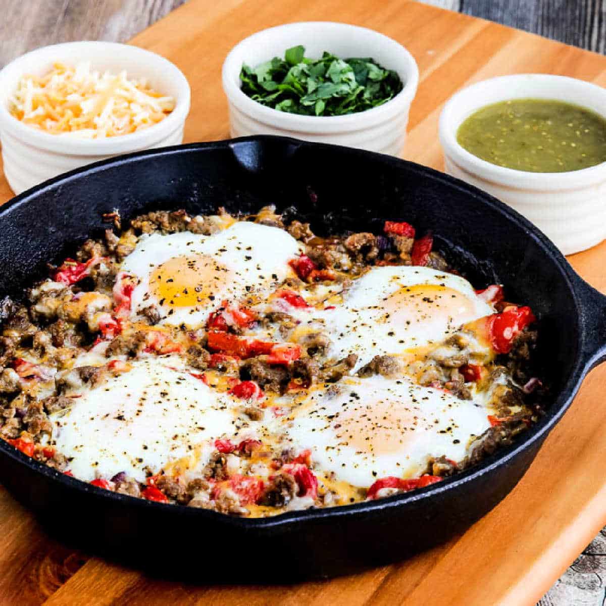 Square image of Southwestern Egg Skillet in cast iron frying pan.