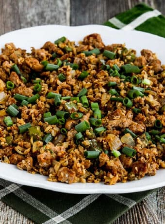 square image for Spicy Cauliflower Dirty Rice shown on serving plate