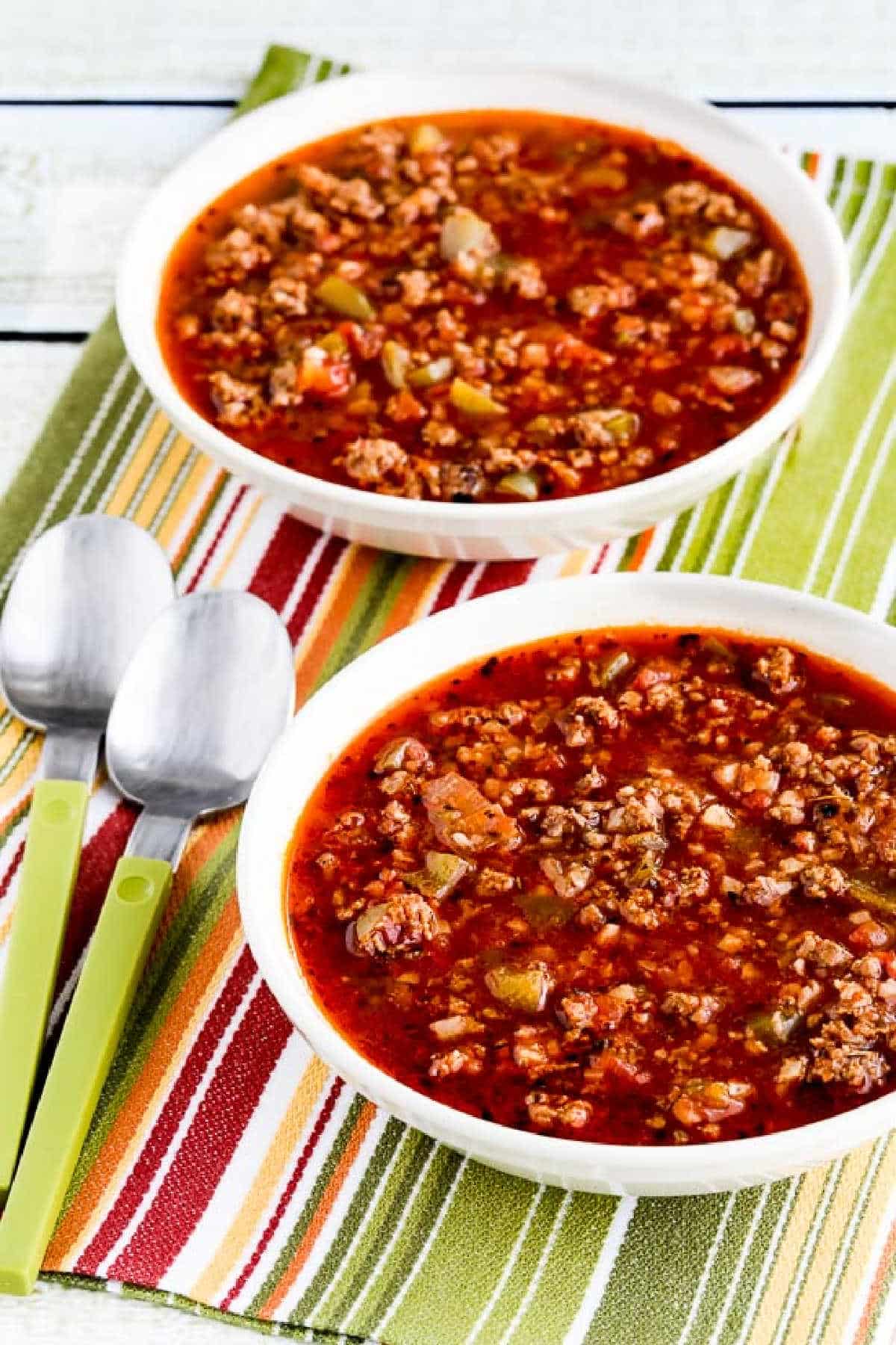 Low-Carb Stuffed Pepper Soup shown in two serving bowls
