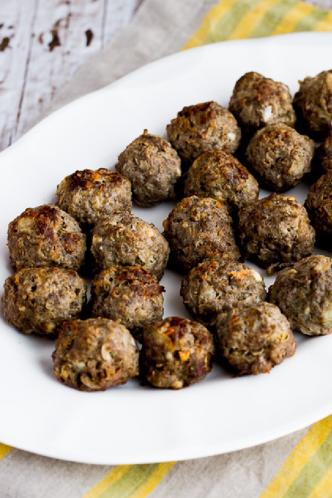 cropped photo of Baked Greek Meatballs with Feta shown on serving plate