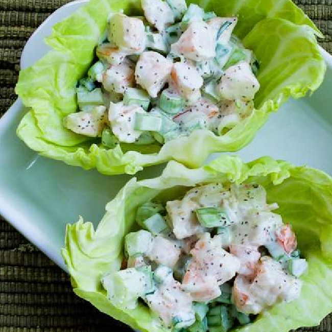 Shrimp Salad Wraps close-up view of shrimp salad in cabbage