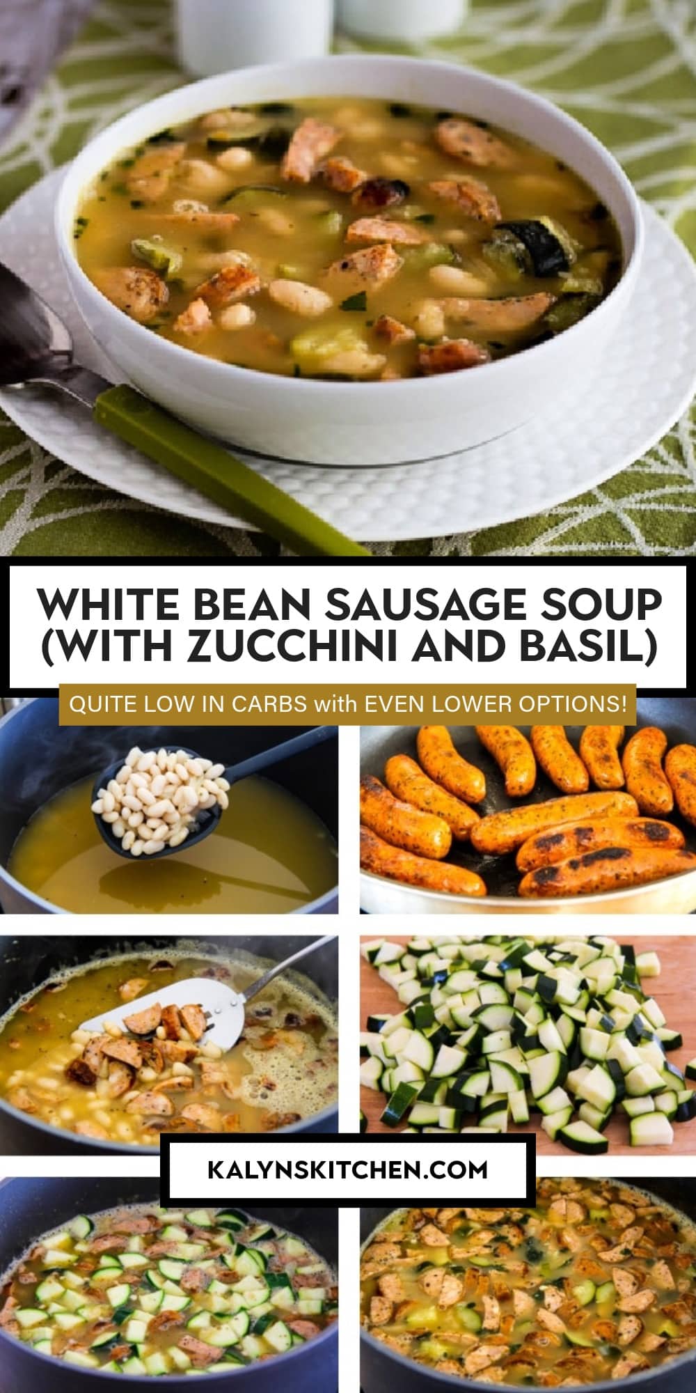 Pinterest image of White Bean Sausage Soup (with Zucchini and Basil)