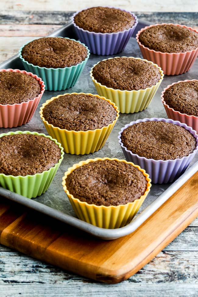 Donna's Low-Carb Breakfast Muffins shown in silicone baking cups on bakingn pan.