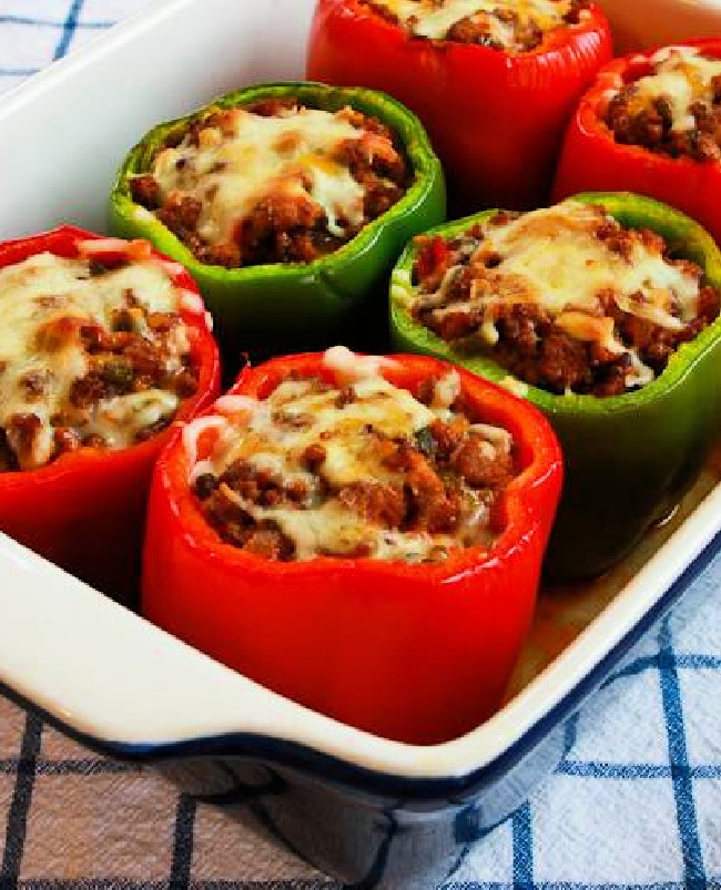 Stuffed Peppers with Italian Sausage and Ground Beef finished peppers in baking dish