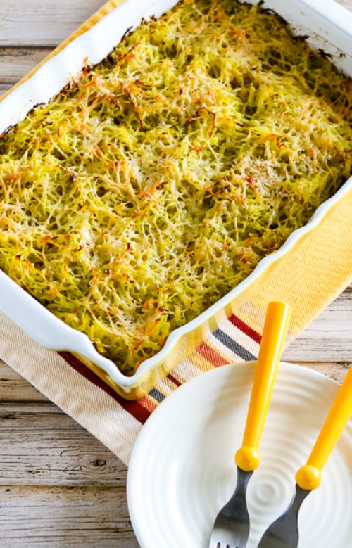 Twice-Baked Spaghetti Squash with Pesto and Parmesan finished spaghetti squash in baking dish