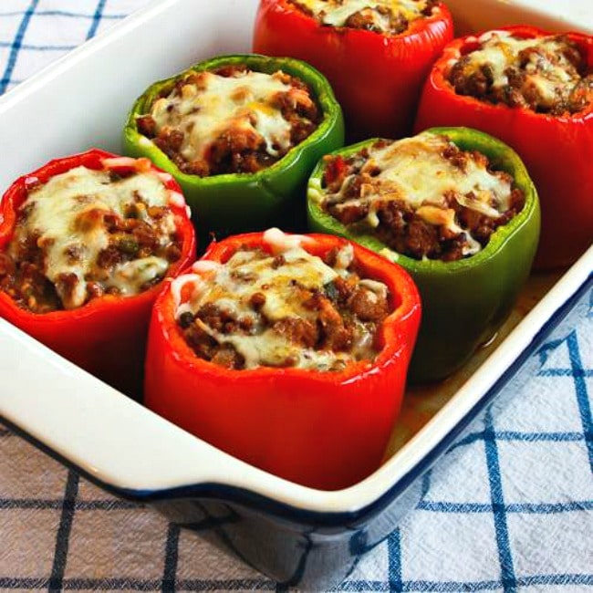 Low-Carb Stuffed Peppers with Italian Sausage and Ground Beef finished peppers in baking dish