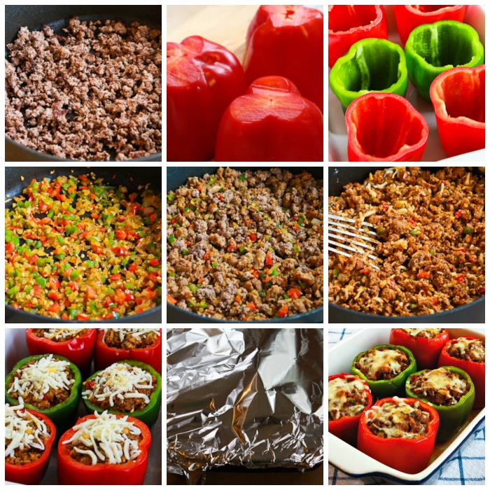 Low-Carb Stuffed Peppers with Italian Sausage and Ground Beef process shots collage