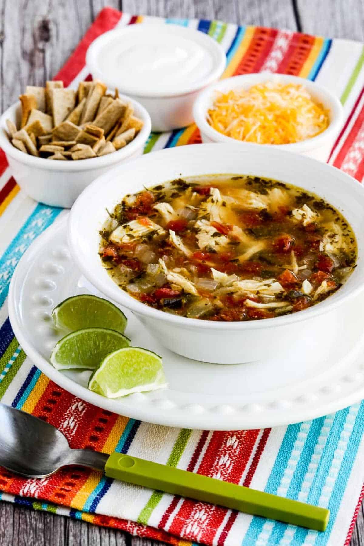 Instant Pot Chicken Tortilla Soup in serving bowl with tortilla strips, cheese, and sour cream in background
