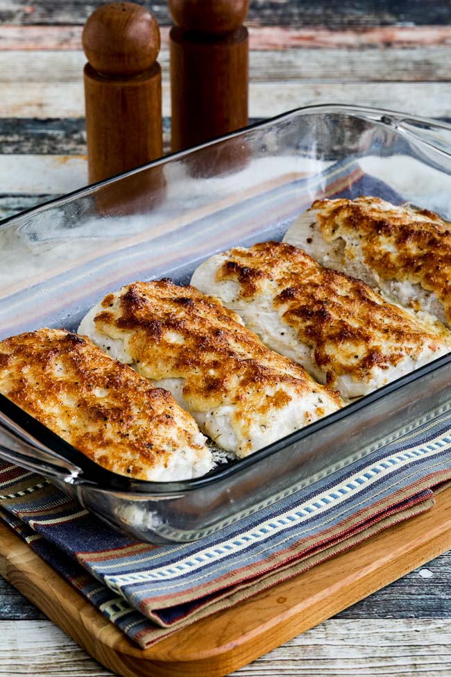 Baked Mayo-Parmesan Fish shown in baking dish